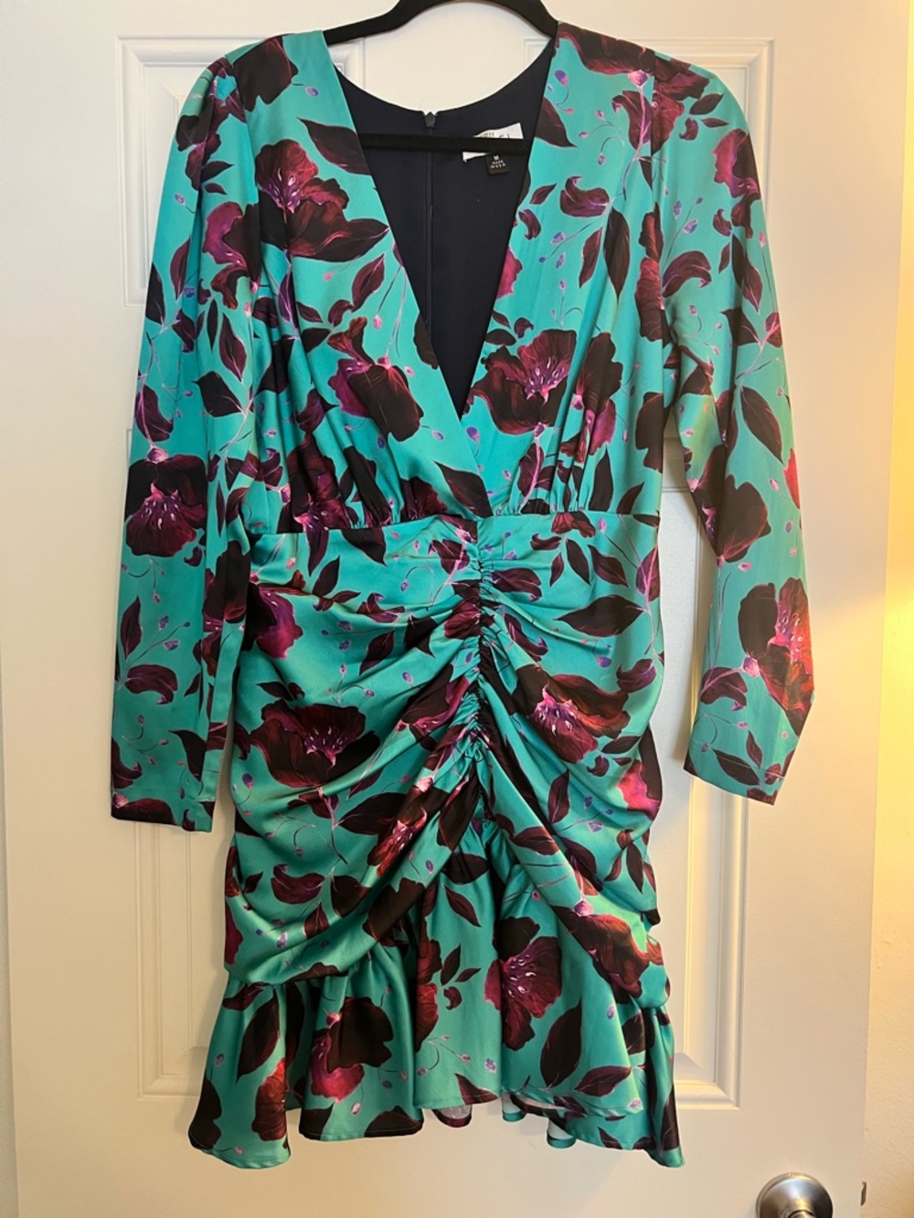 DELFI Collective - Teal Floral Ruched V-Neck Long Sleeve Dress